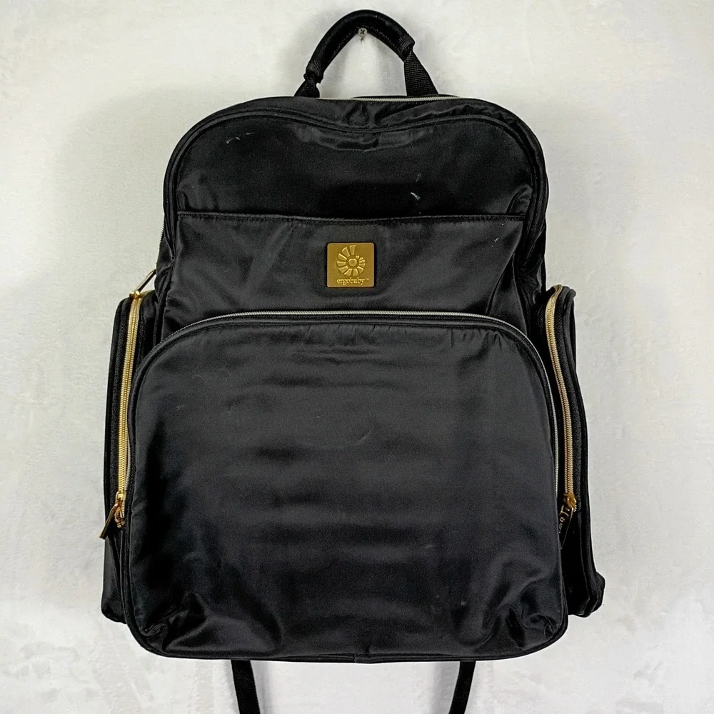 Ergobaby‎ Diaper Bag Backpack Black Gold Hardware Insulated Pocket Organizer
